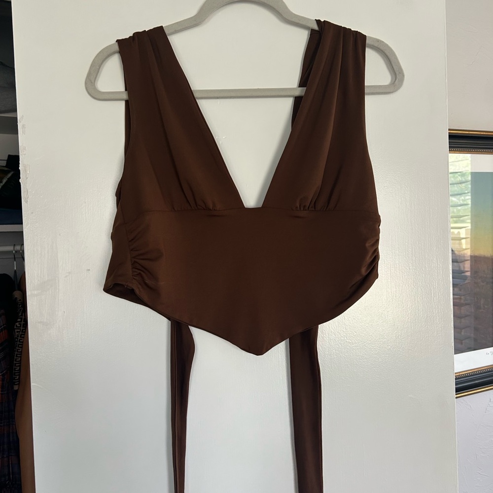 Brown Sleeveless V-Neck Top